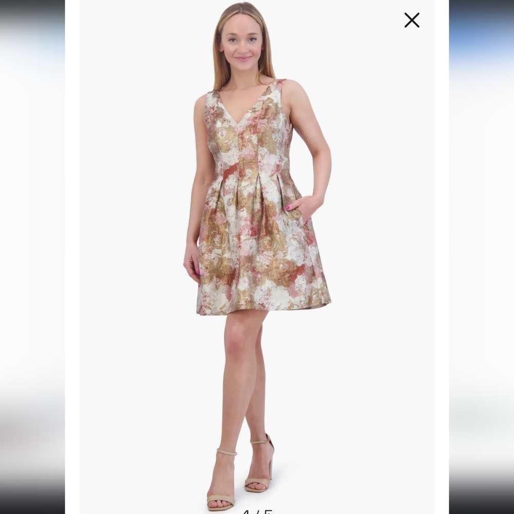 NWT Vince Camuto Gold and Fit And Flare Pink Patterned Mini Dress SZ 12